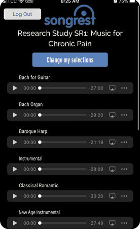 app in dark mode with a column of music players